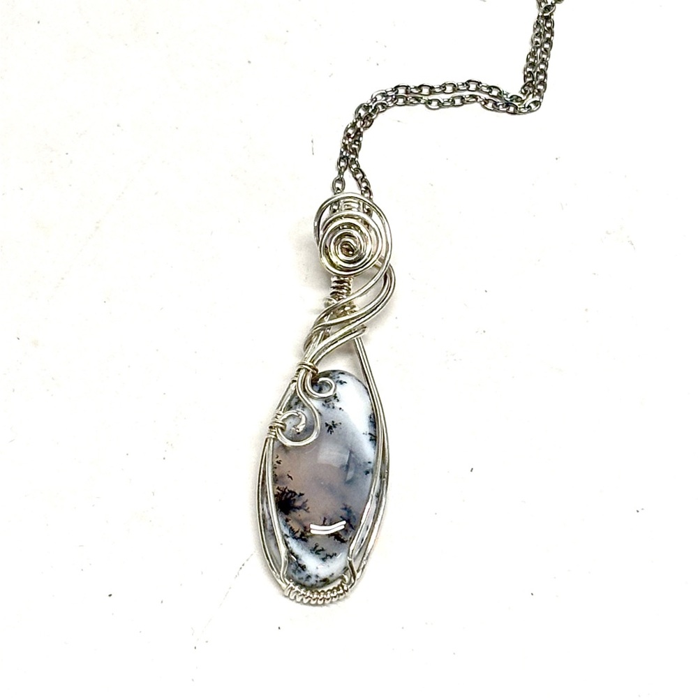 HAND CRAFTED Dendritic Opal Wire Wrapped Silver Filled Pendant Necklace, Gift